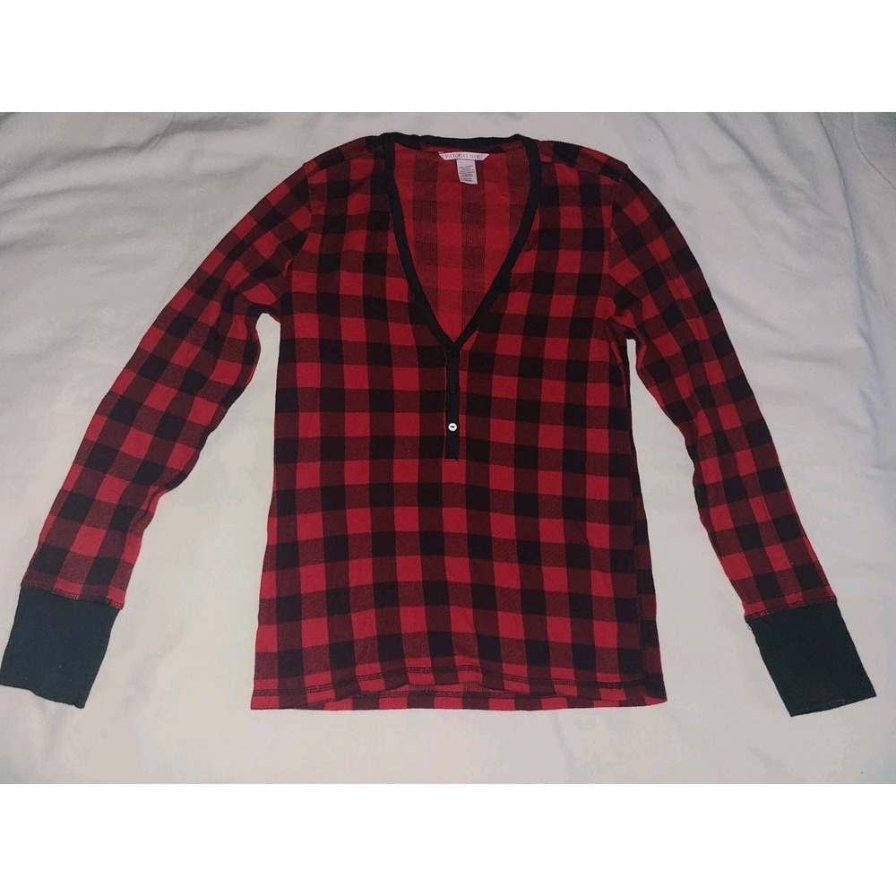 Victoria's Secret Waffle Knit Buffalo Plaid Pajama Top Size Small Henley Shirt